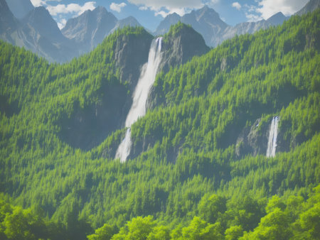 Beautiful mountain landscape with waterfall and green forest in sunny day.の素材