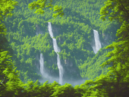 Summer landscape with waterfalls in the forest, closeup of photoの素材