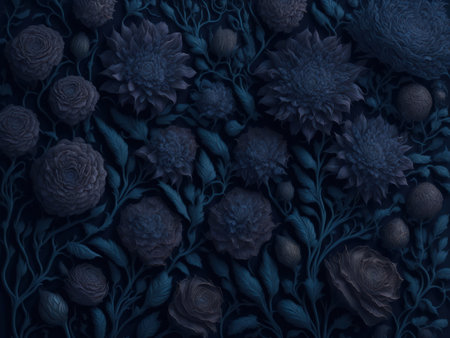 Dark blue floral background with flowers and leaves. 3D illustration.の素材