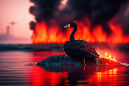 Black duck on a rock in the sea with a big fire in the backgroundの素材