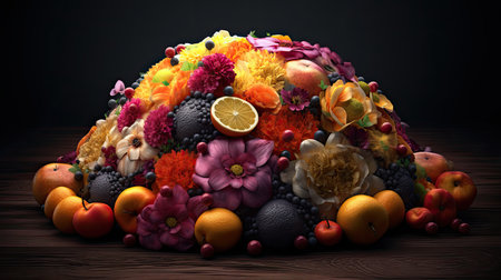 Fruit bouquet in the form of a cloud on a wooden backgroundの素材