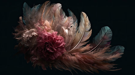 Beautiful feathers on a black background. Close up. Studio photography.の素材