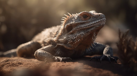Close up of a bearded dragon resting on a rock in the sunの素材
