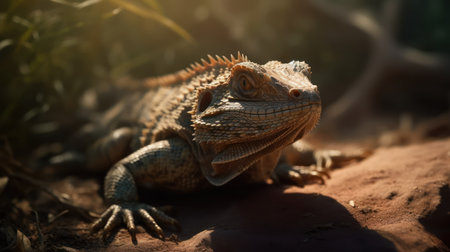 Close up of a bearded dragon sitting on the sand in the sunの素材