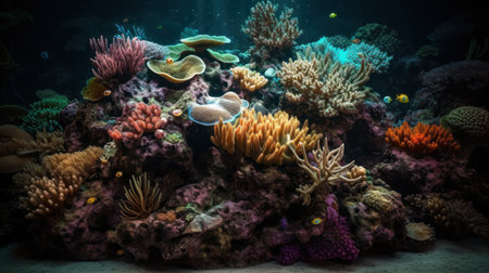 Underwater view of a coral reef with corals and tropical fishの素材