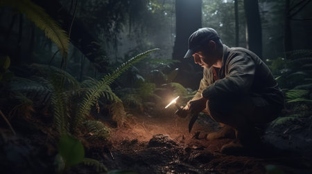 Man in a dark forest with a flashlight in his hand. A man with a flashlight in the forest.の素材