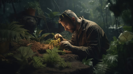 Man in a raincoat with a small plant in his hands.の素材