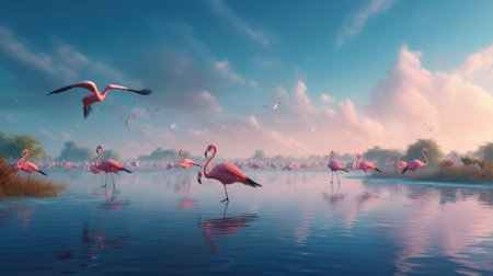 Flamingo in the lagoon at sunset. 3d renderingの素材
