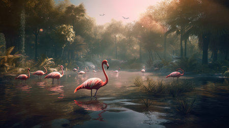 Flamingo in the tropical forest at sunset. 3d renderingの素材