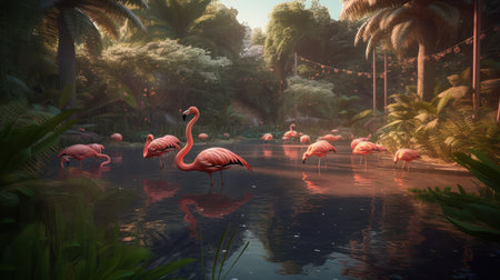 Flamingo in the pond. 3D rendering. Illustration.の素材