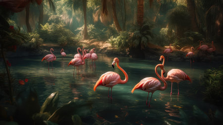 Flamingo in a pond in the jungle. 3d renderingの素材