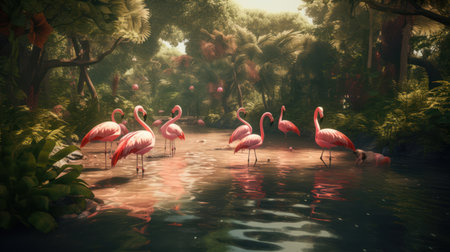 Flamingo in the park. 3d rendering. Computer digital drawing.の素材