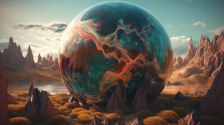 fantasy alien planet. Mountain and lake. 3D illustration.の素材