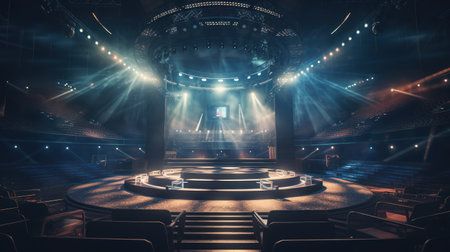 Concert hall with stage lights and spotlights. 3d renderingの素材