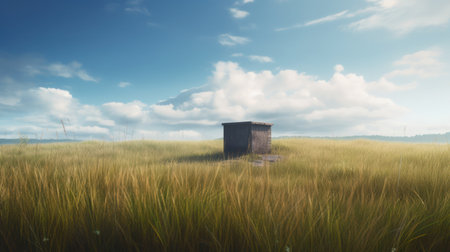 3d render of an old well in the middle of a wheat fieldの素材