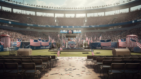 American football stadium with seats and american flag. 3d renderingの素材