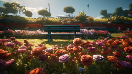 Colorful tulip garden with bench in the park at sunset.の素材