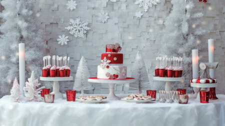 Wedding cake decorated with candles and snowflakes on a white backgroundの素材