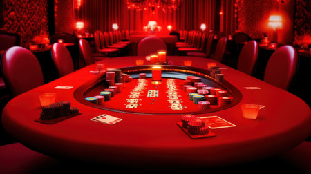Red casino table with chips and cards. 3d render illustration.の素材