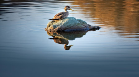 Duck on a rock in the lake with reflection in the waterの素材