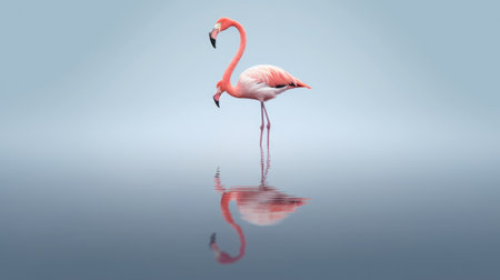 Pink flamingo on a blue background with reflection in the water.の素材