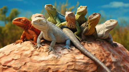 Group of iguanas on a rock. 3D illustration.の素材