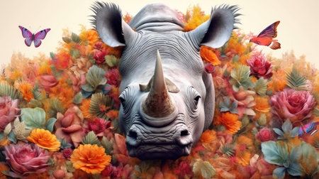 White rhinoceros with flowers and butterflies. 3d illustrationの素材
