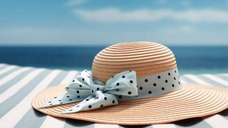 Straw hat with polka dots on a beach towel on the background of the seaの素材