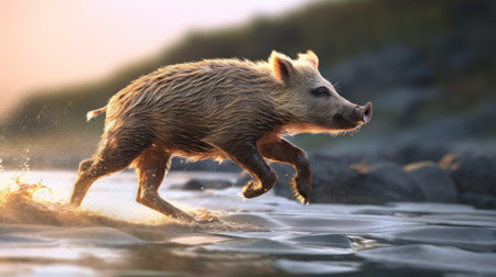 Wild boar (Sus scrofa) running in the waterの素材