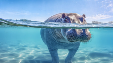 Hippopotamus swimming underwater in the ocean. 3d renderの素材