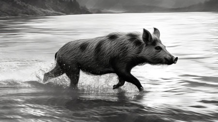 Wild boar running in the water, black and white image.の素材