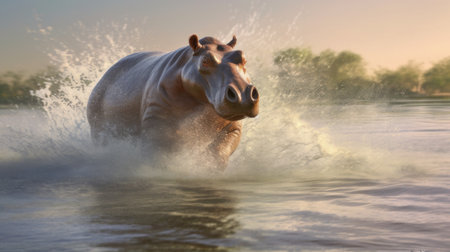 Hippo running in the water. 3d rendering illustration.の素材