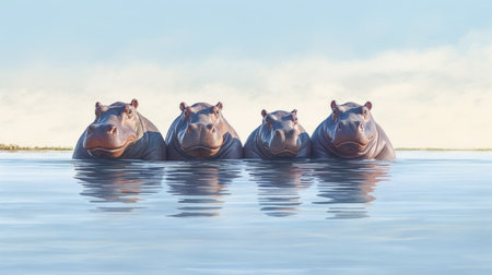 Hippos in the water, 3D illustration, horizontal imageの素材