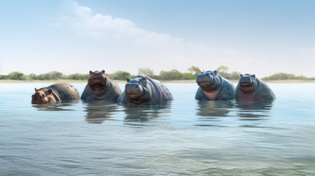 Hippos in the water, 3D illustration of hipposの素材