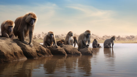 Group of baboons sitting on a rock in the water at sunsetの素材
