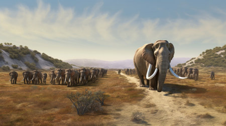 Elephants walking in the desert. 3d render illustration.の素材