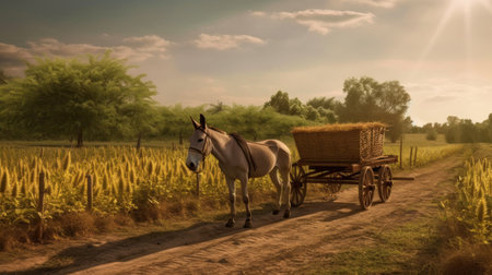 Horse in a cart on the road in rice field in Indiaの素材