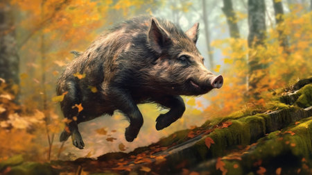 Wild boar running in the autumn forest. 3D illustration.の素材
