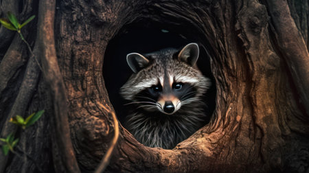 Raccoon in a hole in a tree. Animal in the wild.の素材