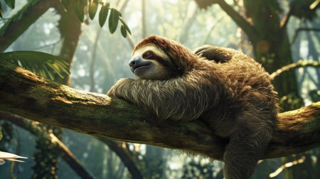 Sleeping sloth on a tree branch in the jungle.の素材