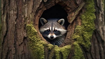 Raccoon peeking out of a hole in a tree.の素材
