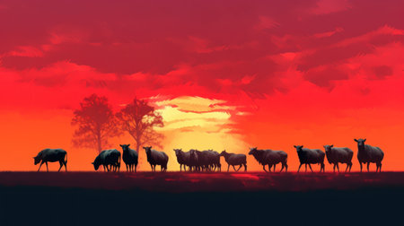 Silhouette of flock of sheep at sunset. 3d renderingの素材