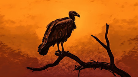Illustration of a vulture sitting on a branch against a sunsetの素材