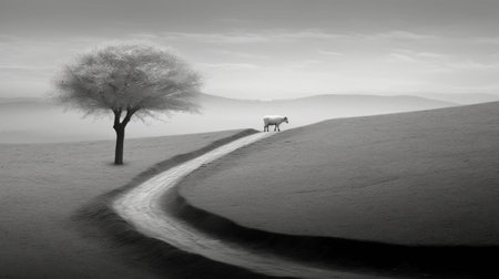 Lonely tree in the desert. Black and white photo.の素材
