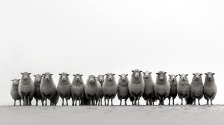 Flock of sheep standing in a snowy field, black and whiteの素材
