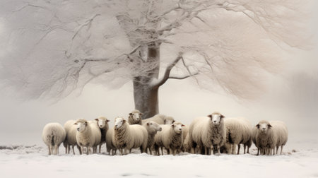 Flock of sheep and tree in winter landscape with falling snow.の素材