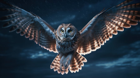 Great horned owl flying in the night sky. 3d renderの素材