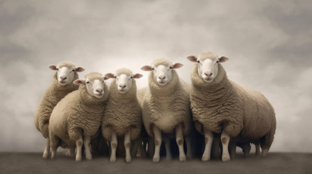 Sheep standing in a row on a cloudy sky background with copy spaceの素材