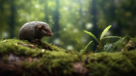 hedgehog on moss in the forest with bokeh backgroundの素材