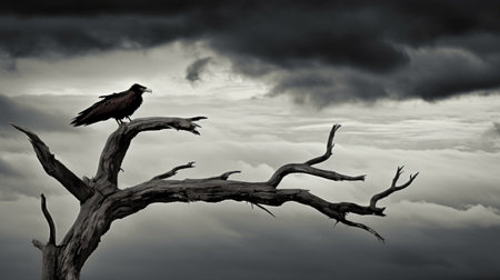 black and white image of a raven sitting on a dead tree.の素材